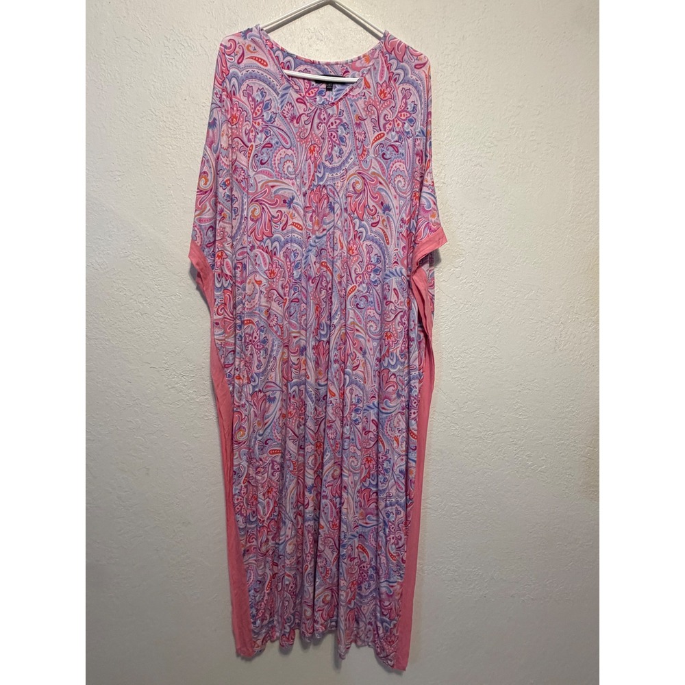 Ellen Tracy Pink Paisley Kaftan Lounge Dress V-Neck L/XL